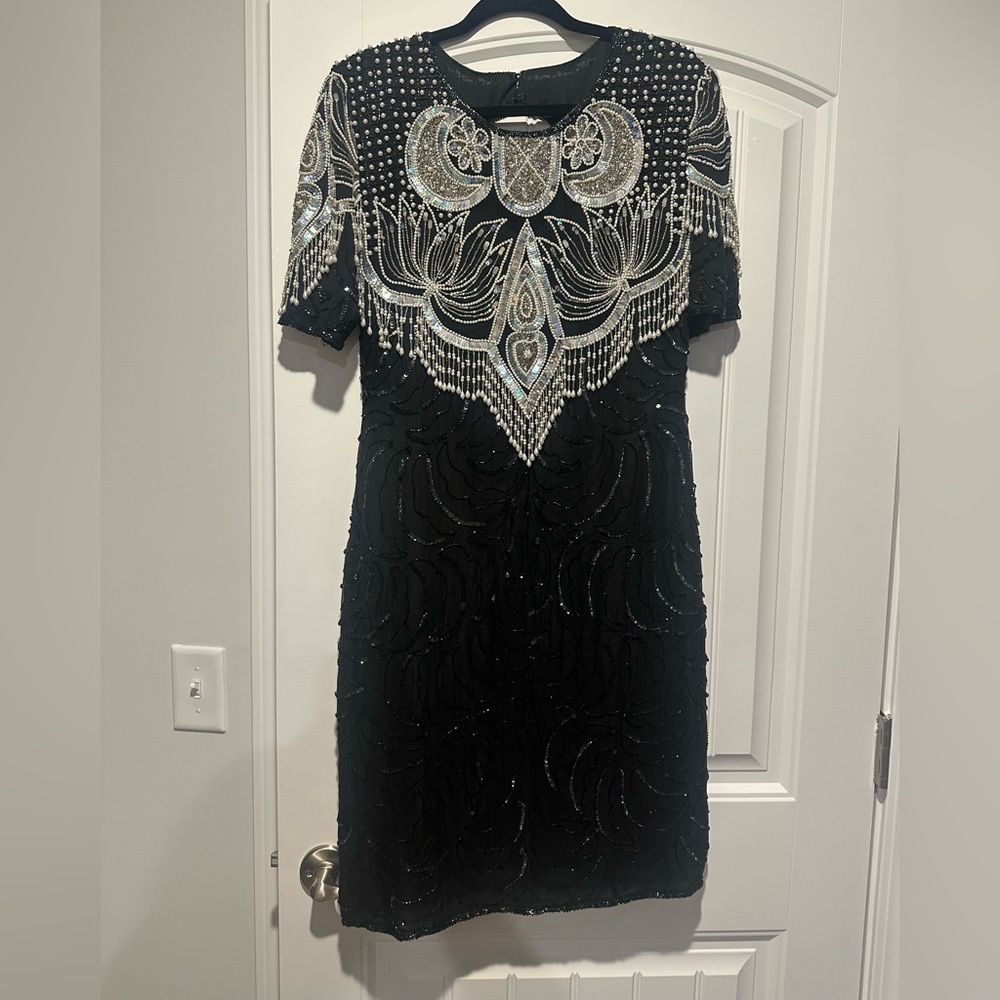 Ships free! Vintage Cee Cee Elegant Black and Silver Beaded Dress - see details